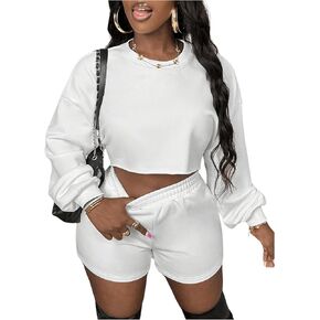 MakeMeChic Women's Two Piece Outfits Round Neck Long Sleeve Cropped Sweatshirt and Shorts Set Tracksuit