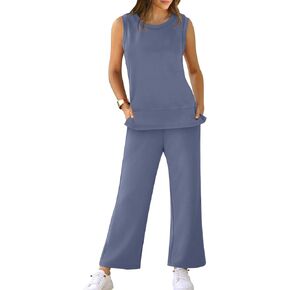 XIEERDUO Women's Tracksuit 2 Piece Lounge Sets Two Summer Sleeveless Outfits Wide Leg Matching Sweat Set Casual Jumpsuit Ladies Loungewear Blue L