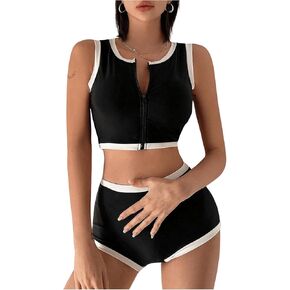 MakeMeChic Women's Bikini Sets Color Block Crew Neck Zip Front Summer Swimsuit Bathing Suits