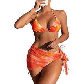Women's 3 Piece Tie Dye Bikini Sets Backless Halter Triangle Bathing Suit with Beach Cover Up Skirts
