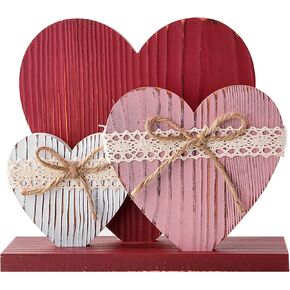 Valentines Day Tiered Tray Decor: 6pcs Red Pink & White Farmhouse Distressed Wood Heart Table Decorations Sign, Vintage Valentines Decorations for the Home Table Décor Anniversary Couple, Rustic Style