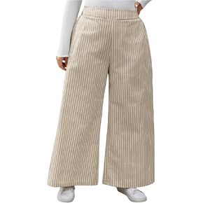 MakeMeChic Women's Plus Size Striped Pants Elastic Waist Wide Leg Loose Long Pants