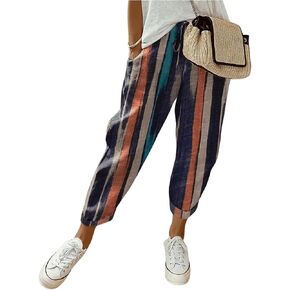 MakeMeChic Women's Capri Pants Striped Drawstring High Waist Casual Loose Trousers Pajamas Pants with Pockets