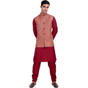 SKAVIJ Kurta Pajama with Nehru Jacket (Waistcoat) for Men (Medium, Red)