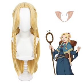 Blonde Long Straight Anime Cosplay Wig for Marcelle Donato Cosplay Wig with Twin Braids and Elf ear for Girls and Women Halloween Anime Party Wigs