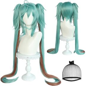 Anogol Hair Cap+Green and Brown Wig for Women Double Pigtails Cosplay Wig with Bangs Long Straight Green Wig with double Pigtails Anime Outfit for Halloween Party Wig
