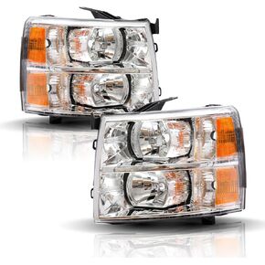 Headlight Assembly Compatible with 2007-2013 Chevy Silverado 1500/2007-2014 Silverado 2500HD 3500HD Replacement Headlamp, Chrome Housing Amber Reflector