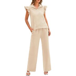 BTFBM 2 Piece Sets For Women Summer Airport Outfits Ruffle Cap Sleeve Quarter Zip Pullover Wide Leg Pants Lounge Set