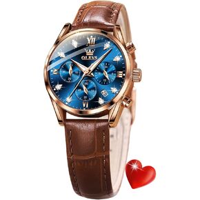 OLEVS Women Watch Brown Leather Straps Ladies Rose Gold Elegant Luxury Dress Chronograph Waterproof Wrist Watch Date Day