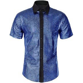 Mens 70s Shirt Short Sleeve Sequin Button Down Top Party Disco Outfit