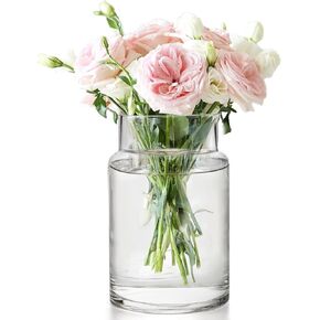 Large Glass Vase, 9 Inch Clear Fluted Flower Vase for Centerpieces, Decorative Modern Glass Vase for Floral Arrangements, Weddings, Home Decor or Office, Thick, Wide Mouth