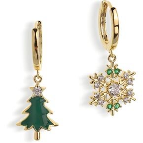 Sonateomber Christmas Tree Snowflake Dangle Drop Small Gold Hoop Earrings for Women Cute Green CZ Rhinestone Snow Xmas Holiday Earring Christmas Accessories Jewelry Gift