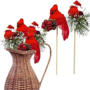 4Pcs Christmas Red Bird Decorations Artificial Red Cardinal Birds on a Stick with PineNeddles PineCone Berries Red Cardinal Floral Picks for Christmas Tree Ornament Decorations, Arts and Crafts(#1)
