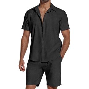 SHEKINI Men's Cotton 2 Piece Pajama Set Short Sleeve Button Down Shirt & Lightweight Shorts for Summer Beach Casual Outfits