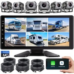 6-Channel 1080P Dash Cam Backup Camera System with 10.33 Inch Touch Screen Parking Monitor, Back Up Camera Car Radio for RV/Truck/Trailer/Van/SUV/Cars,Wireless Carplay/Android Auto/WiFi/Bluetooth/FM