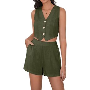 SHENHE Women's Summer 2 Piece Outfits Sleeveless Button Up Vest Waistcoat and Shorts Set