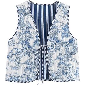 سترة نسائية منتفخة مبطنة بالزهور من Wyeysyt مطبوعة خفيفة الوزن بدون أكمام مبطنة ملابس خارجية (أزرق-S) in Kuwait