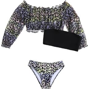 Girls Swimsuits 3 Piece Leopard Print Rash Guard Set Long Sleeve Bathing Suits 7-14 Years