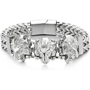 COOLSTEELANDBEYOND Steel Double Square Franco Link Bike Chain Three Lion Heads Bracelet, Magnetic Clasp