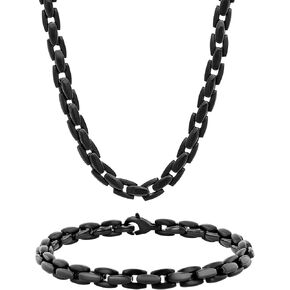 Black Stainless Steel Bracelet & Chain Set, 24" Length, Sleek Lobster Clasp Closure