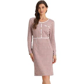 Allegra K Houndstooth Dress for Women's Office Work Round Neck Long Sleeve Plaid Sheath Dresses