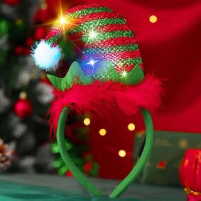 Light Up Christmas Headbands for Women Green Santa Hat Headpiece Elf Xmas Holiday Hair Accessories for New Year Party