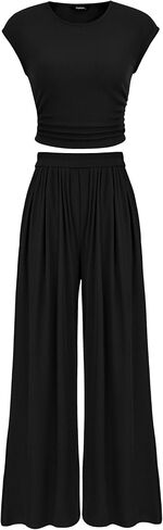 PRETTYGARDEN Women's Summer 2 Piece Outfits 2024 Cap Sleeve Ruched Slim T Shirt Ribbed Knit Wide Leg Pant Sets Tracksuit in Saudi Arabia