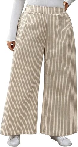 MakeMeChic Women's Plus Size Striped Pants Elastic Waist Wide Leg Loose Long Pants in Saudi Arabia