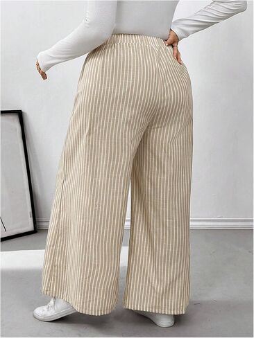 MakeMeChic Women's Plus Size Striped Pants Elastic Waist Wide Leg Loose Long Pants in Saudi Arabia
