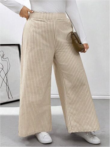MakeMeChic Women's Plus Size Striped Pants Elastic Waist Wide Leg Loose Long Pants in Saudi Arabia