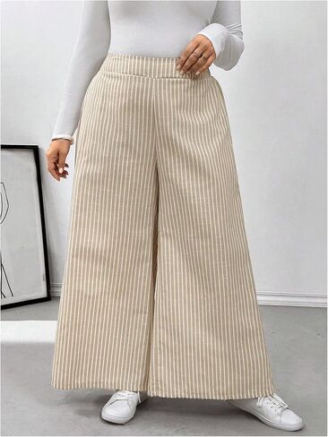 MakeMeChic Women's Plus Size Striped Pants Elastic Waist Wide Leg Loose Long Pants in Saudi Arabia