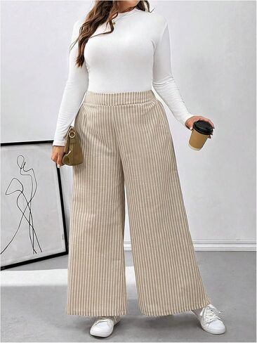 MakeMeChic Women's Plus Size Striped Pants Elastic Waist Wide Leg Loose Long Pants in Saudi Arabia