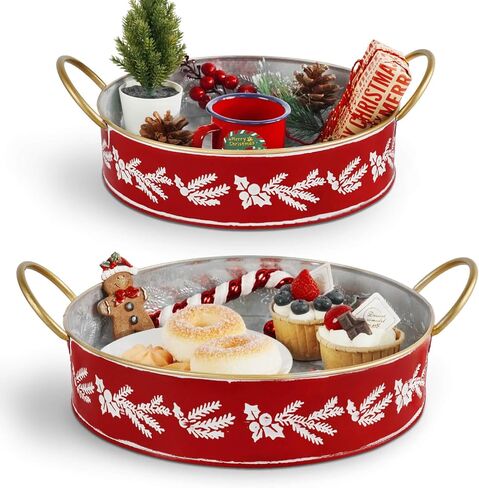 Putuo Decor Set of 2 Round Christmas Metal Serving Tray with Handles Christmas Rustic Decorative Tray Coffee Table Serving Platter (Grey) in Saudi Arabia
