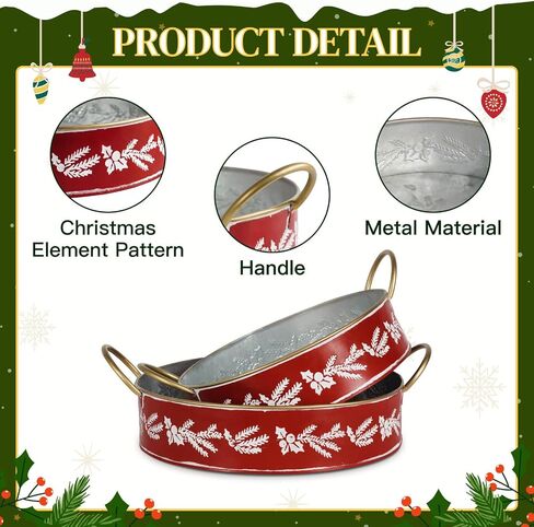 Putuo Decor Set of 2 Round Christmas Metal Serving Tray with Handles Christmas Rustic Decorative Tray Coffee Table Serving Platter (Grey) in Saudi Arabia