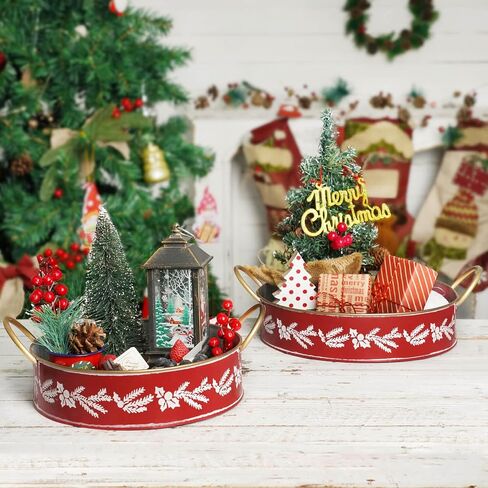 Putuo Decor Set of 2 Round Christmas Metal Serving Tray with Handles Christmas Rustic Decorative Tray Coffee Table Serving Platter (Grey) in Saudi Arabia