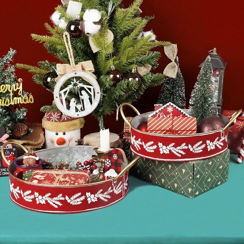 Putuo Decor Set of 2 Round Christmas Metal Serving Tray with Handles Christmas Rustic Decorative Tray Coffee Table Serving Platter (Grey) in Saudi Arabia