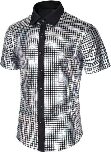 Mens 70s Shirt Short Sleeve Sequin Button Down Top Party Disco Outfit in Saudi Arabia