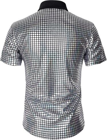 Mens 70s Shirt Short Sleeve Sequin Button Down Top Party Disco Outfit in Saudi Arabia