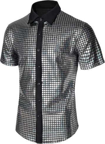 Mens 70s Shirt Short Sleeve Sequin Button Down Top Party Disco Outfit in Saudi Arabia