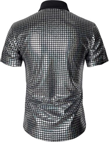 Mens 70s Shirt Short Sleeve Sequin Button Down Top Party Disco Outfit in Saudi Arabia