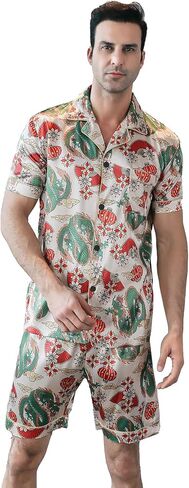 Men's Satin Pajama Set Short Sleeve Silky Short Pants Button Down Sleepwear Multicolor Silky Men's Pajama Set in Kuwait