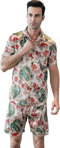 Men's Satin Pajama Set Short Sleeve Silky Short Pants Button Down Sleepwear Multicolor Silky Men's Pajama Set in Kuwait