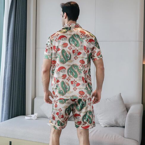 Men's Satin Pajama Set Short Sleeve Silky Short Pants Button Down Sleepwear Multicolor Silky Men's Pajama Set in Kuwait