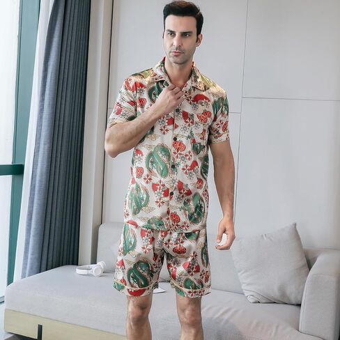 Men's Satin Pajama Set Short Sleeve Silky Short Pants Button Down Sleepwear Multicolor Silky Men's Pajama Set in Kuwait
