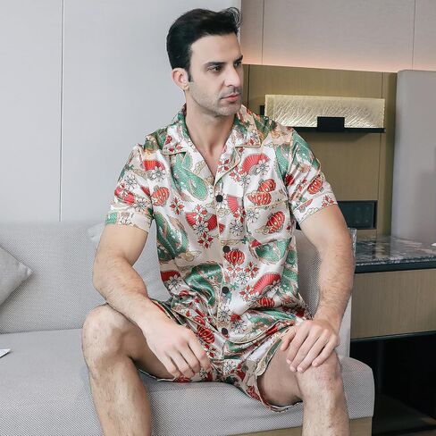 Men's Satin Pajama Set Short Sleeve Silky Short Pants Button Down Sleepwear Multicolor Silky Men's Pajama Set in Kuwait