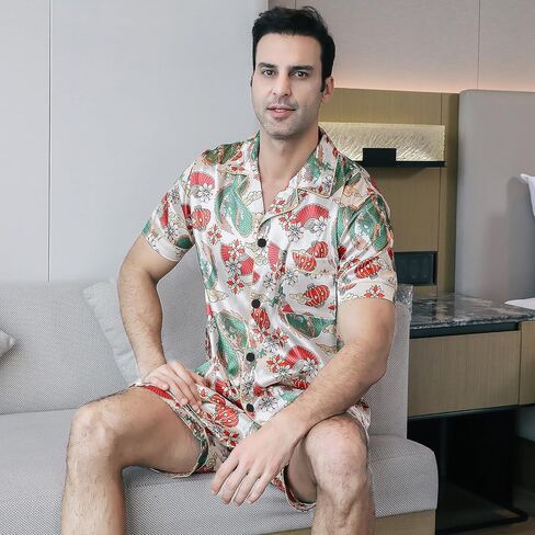 Men's Satin Pajama Set Short Sleeve Silky Short Pants Button Down Sleepwear Multicolor Silky Men's Pajama Set in Kuwait