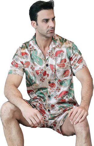 Men's Satin Pajama Set Short Sleeve Silky Short Pants Button Down Sleepwear Multicolor Silky Men's Pajama Set in Kuwait