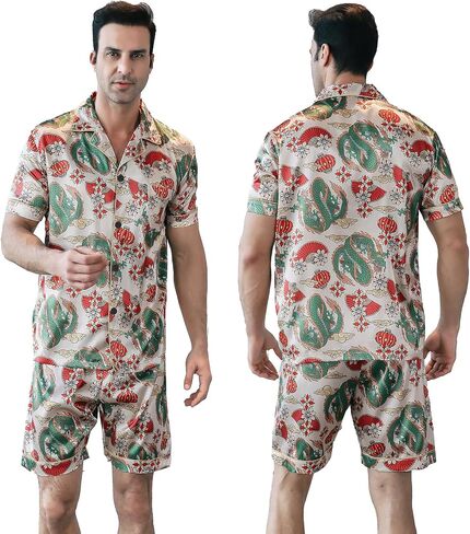 Men's Satin Pajama Set Short Sleeve Silky Short Pants Button Down Sleepwear Multicolor Silky Men's Pajama Set in Kuwait