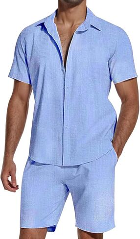 SHEKINI Men's Cotton 2 Piece Pajama Set Short Sleeve Button Down Shirt & Lightweight Shorts for Summer Beach Casual Outfits in Saudi Arabia