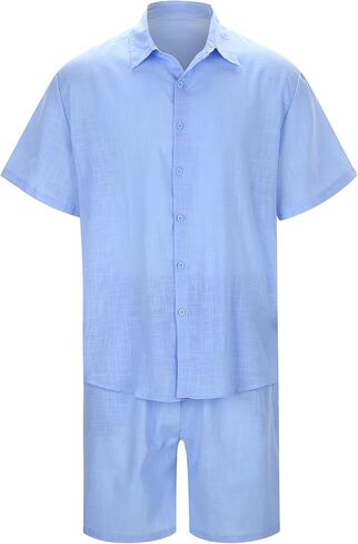 SHEKINI Men's Cotton 2 Piece Pajama Set Short Sleeve Button Down Shirt & Lightweight Shorts for Summer Beach Casual Outfits in Saudi Arabia